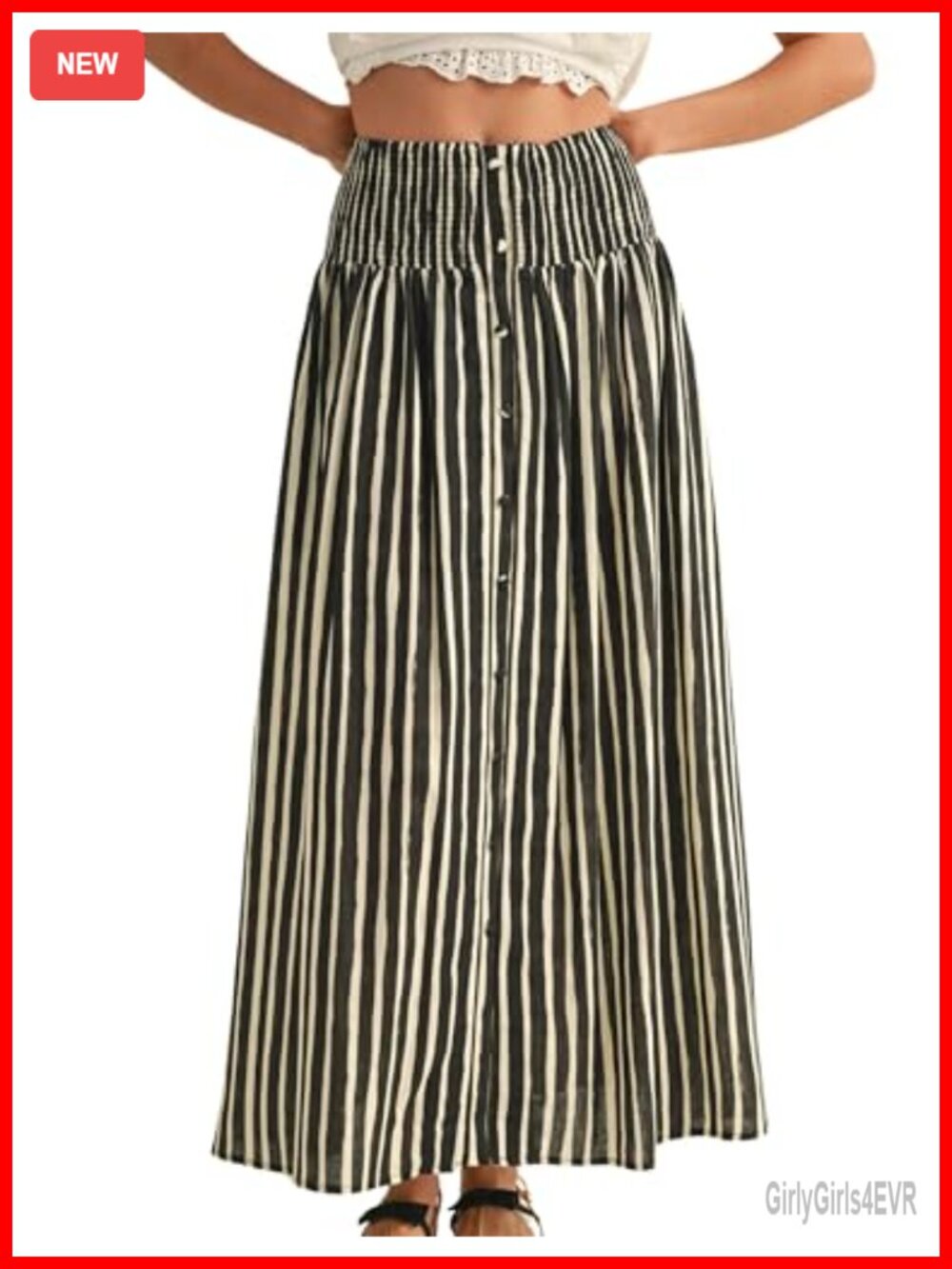 Womens Striped Maxi Skirt Front Buttons Elastic Waistband A-Line Boho with